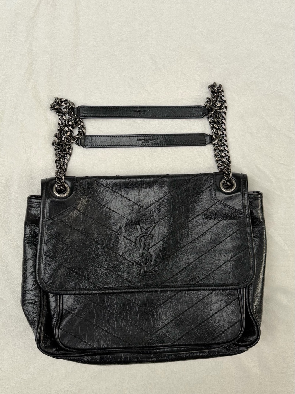 Saint Laurent Black Quilted Leather Shoulder Bag with Chain Straps
